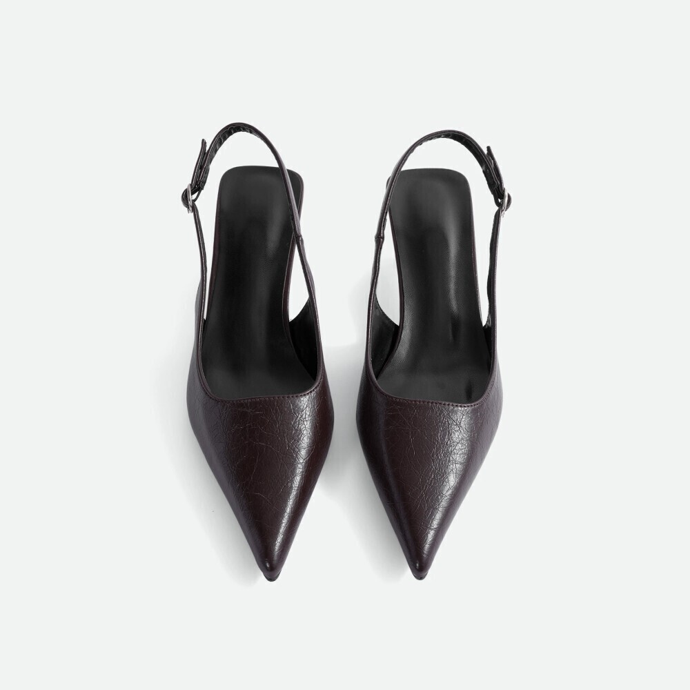 Black Textured Faux Leather Pointed Toe Slingback Kitten Heel Pumps
